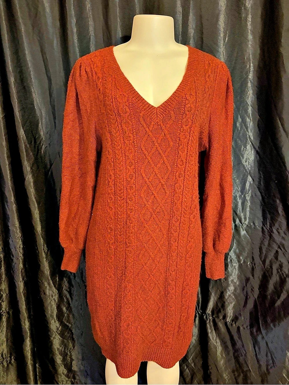 LOFT V-Neck Cable Knit Puff Sleeve Sweater Dress Mini Dress in Orange